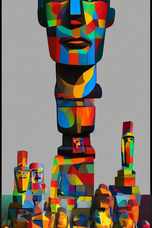 Image similar to cubist moai statue cutout digital illustration cartoon colorful beeple