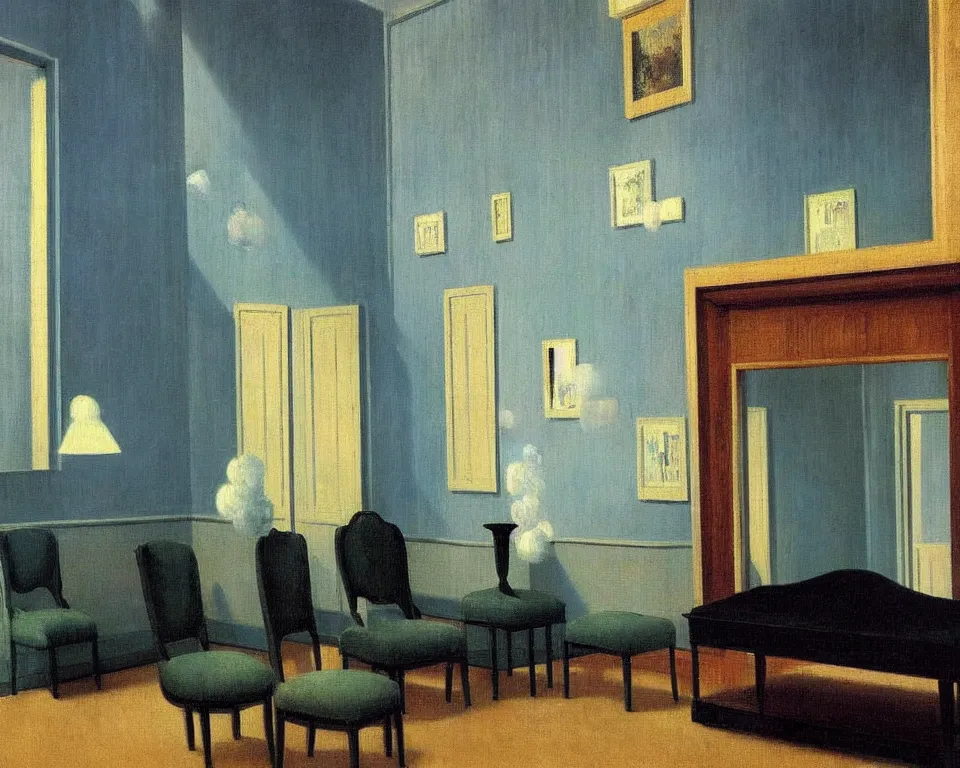 Image similar to achingly beautiful painting of a sophisticated, well - decorated, modern parlor by rene magritte, monet, and turner. whimsical.