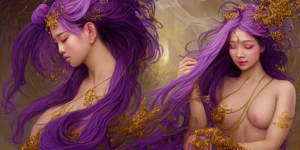 Image similar to asian nymph goddess flowing purple hair twisting in sensual pose with golden tattoes of cursive sigils on her opalescent skin, fantasy, intricate, very beautiful, elegant, golden light, highly detailed, digital painting, artstation, concept art, smooth, sharp focus, unreal engine, art by wlop and tian zi and alphonse mucha