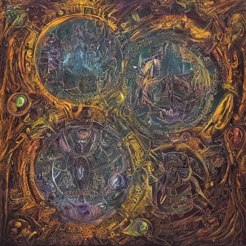 Prompt: biomechanical kali yantra mandala, volumetric shadows and lighting, psychedelic colors, realistic oil painting by h. r. giger,