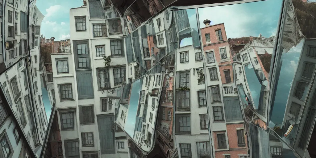 Image similar to a very high resolution image from a new movie, upside - down building, mirror, door, beautiful scenery, photorealistic, photography, directed by wes anderson