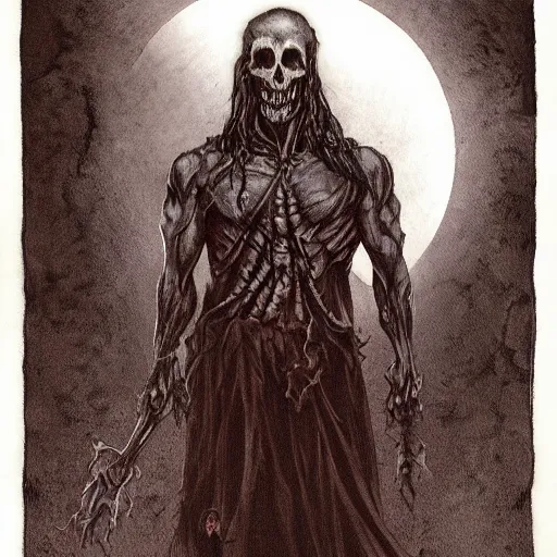 Image similar to wraith, undead, dynamic pose, skull, terrifying, dark, fog, art by brom