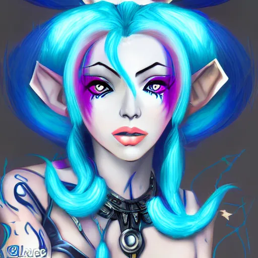 Prompt: jinx from league of legends, blue hair, digital art portrait, arcane style, artwork by christopher c. lee and hannah