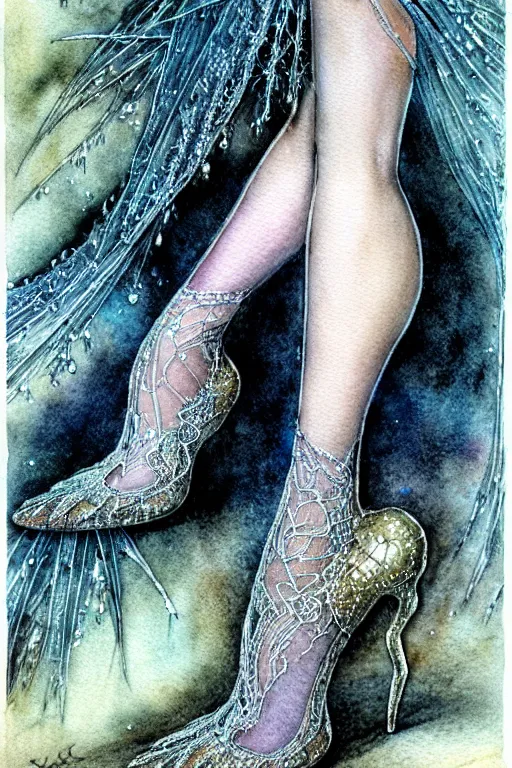 Image similar to realistic closeup of foot in crystal high heel shoe surrounded by lace fabric, fantasy art, trending on artstation, sleeping beauty fairytale, art by luis royo and walter crane and kay nielsen, watercolor illustration,