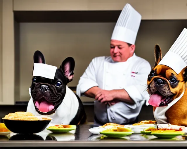 Image similar to a 8k highly detailed still photo by David Bailey of Two multi-colored French Bulldogs in chef hats and aprons starring on a cooking show, a high end kitchen in the background, bokeh