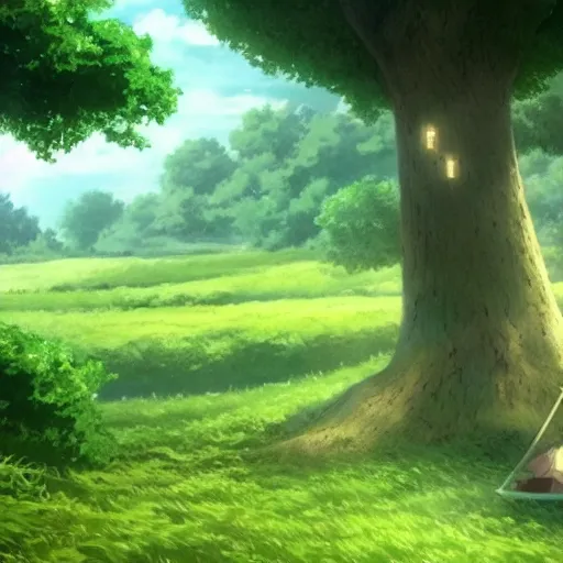 Image similar to big white whale flying near giant tree in the green field, anime, HD,