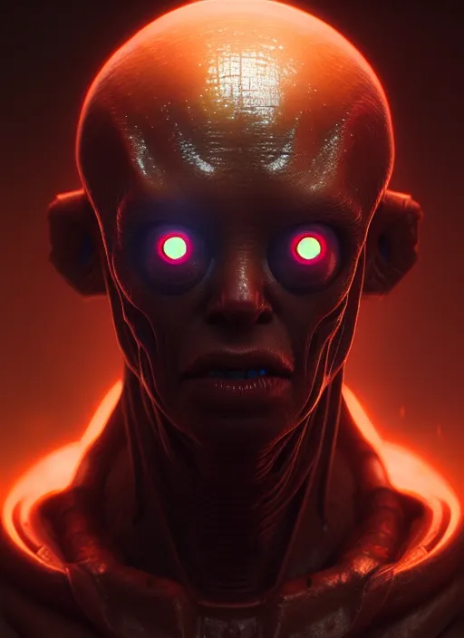 Image similar to portrait of a space alien, varying detailed skin, octane render, piercing glowing eyes, realistic render, detailed, ugly, slimy unreal engine, symmetrical!!, greg rutkowski and ruan jia, cinematic