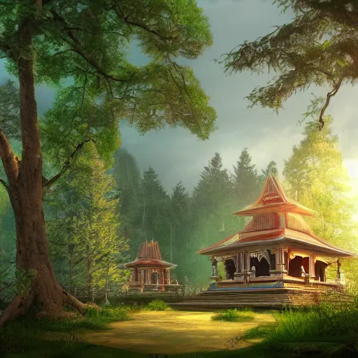 Image similar to temple in a beautiful forest on the seaside by peter klasen, artstation, hd, ultra detailed