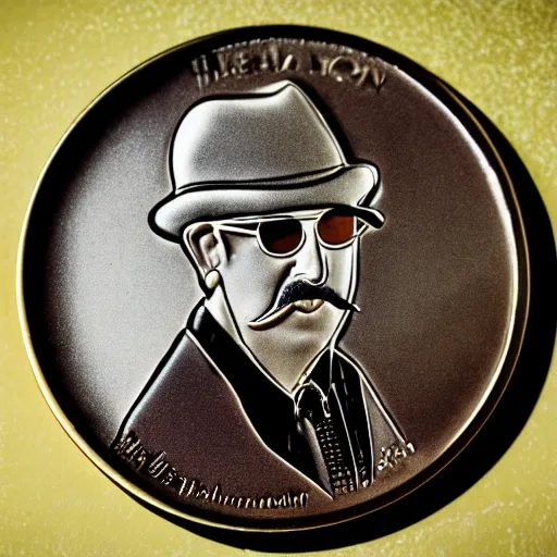 Prompt: A photograph of a delicious chocolate coin that is engraved with a portrait of young leon redbone, highly detailed, close-up product photo, depth of field, sharp focus