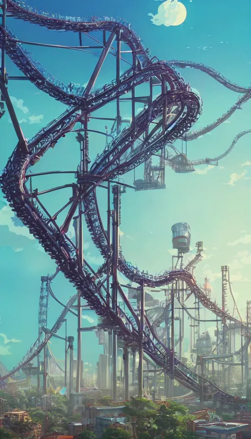 Image similar to A highly detailed matte painting of the tallest most dangerous roller coaster ever, by Studio Ghibli, Makoto Shinkai, by Artgerm, by beeple, by Greg Rutkowski, volumetric lighting, octane render, 4K resolution, trending on artstation, masterpiece