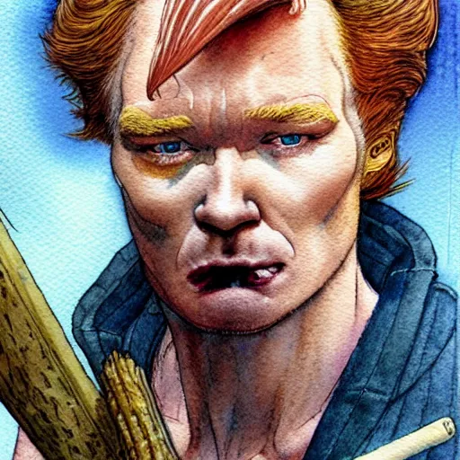 Image similar to a realistic and atmospheric watercolour fantasy character concept art portrait of conan o'brien with pink eyes wearing a wife beater and smoking a huge blunt by rebecca guay, michael kaluta, charles vess and jean moebius giraud