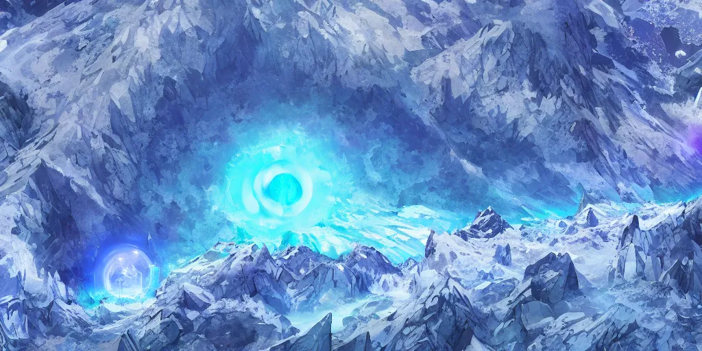 Prompt: blue themed ice crystal geode mountain landscape, meteor shower, epic, miyazaki style, cinematic, indie, highly detailed, featured on artstation, highly detailed, abstract