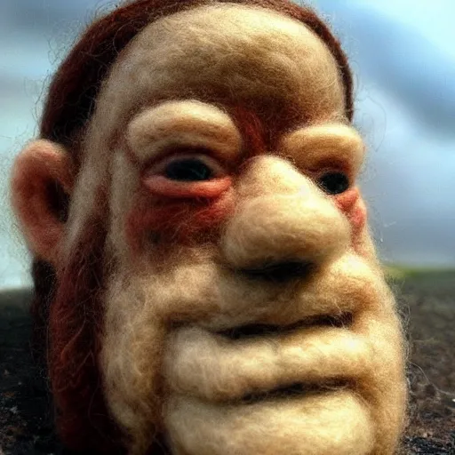 Prompt: needle felted gimli from the return of the king (2003), highly detailed, tilt shift, eerie!!!, hyperrealism, highly textured, god rays