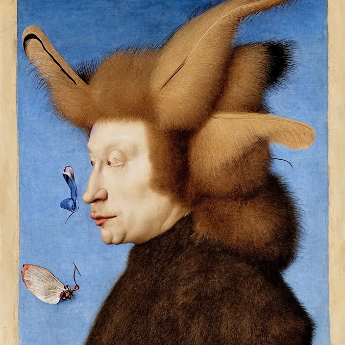 Image similar to close up portrait of a mutant monster creature with white fluffy moth pouf, exotic lily ears, delicate blue conch corns. by jan van eyck, audubon