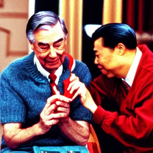 Image similar to mr. rogers and mao zedong pulling a wishbone, color photo.