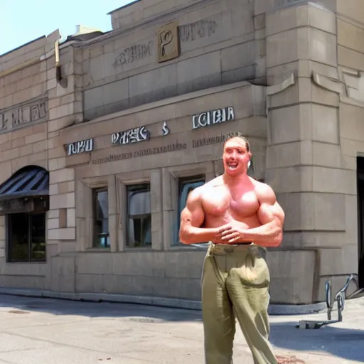 Image similar to Hitler buff physique eating a double scoop ice cream cone outside