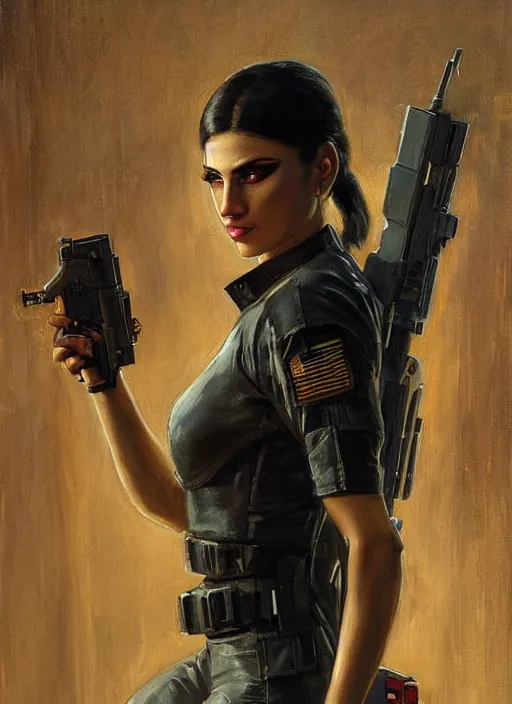 Image similar to Nikki. dangerous beautiful cyberpunk female USN marine wearing a military vest and military jumpsuit (cyberpunk 2077, bladerunner 2049). gorgeous face. Iranian orientalist portrait by john william waterhouse and Edwin Longsden Long and Theodore Ralli and Nasreddine Dinet, oil on canvas. Cinematic, hyper realism, realistic proportions, dramatic lighting, high detail 4k