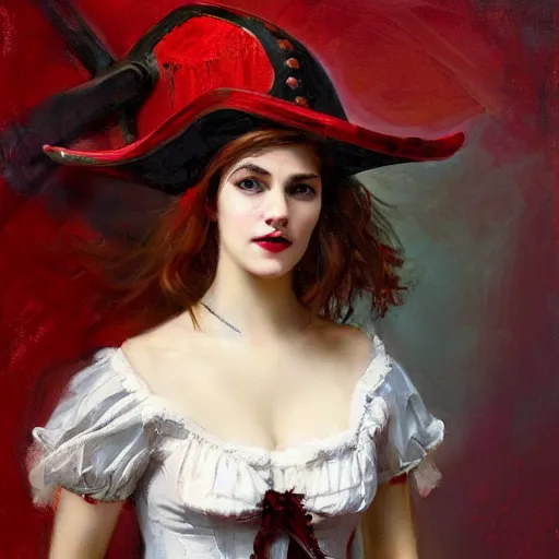 Image similar to Solomon Joseph Solomon and Richard Schmid and Jeremy Lipking victorian genre painting portrait painting of a happy young beautiful woman punk rock goth girl german french actress model pirate wench in fantasy costume, red background