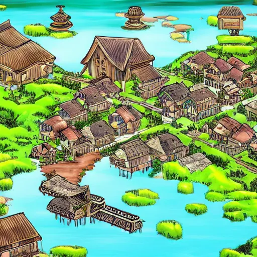 Prompt: village by a river in the style of Eiichiro Oda