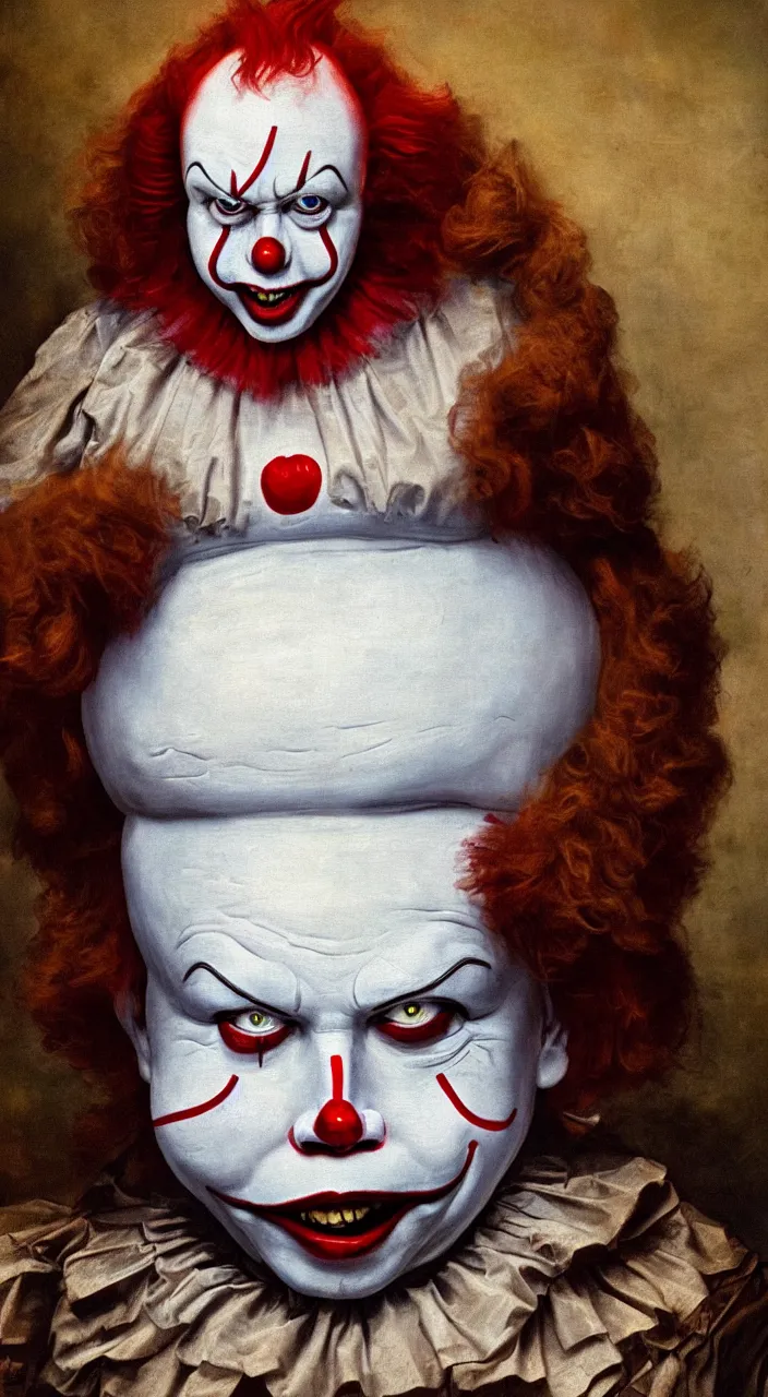 Prompt: elon musk as fat pennywise the clown, rembrandt oil painting