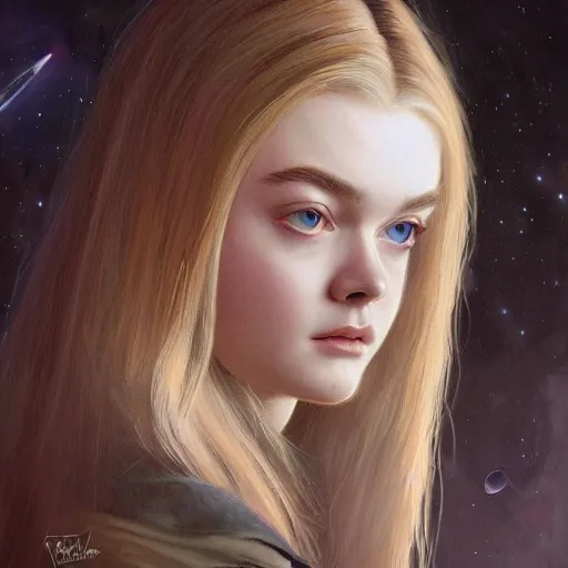 Prompt: ultra realistic medium shot head and shoulders masterpiece portrait painting of elle fanning in halo 2, cosmic horror, artstation, art by frank frazetta, 4 k, ultra realistic, highly detailed, epic lighting