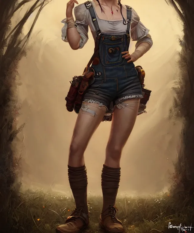 Image similar to full body pose, ciri, torn overalls, short shorts, combat boots, beautiful, highly detailed face, true anatomy!, extremely detailed!, digital painting, unreal engine 5, art by tom bagshaw