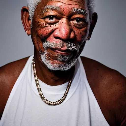 Image similar to a studio photograph of Morgan Freeman dressed as Tupac, 40mm lens, shallow depth of field, split lighting