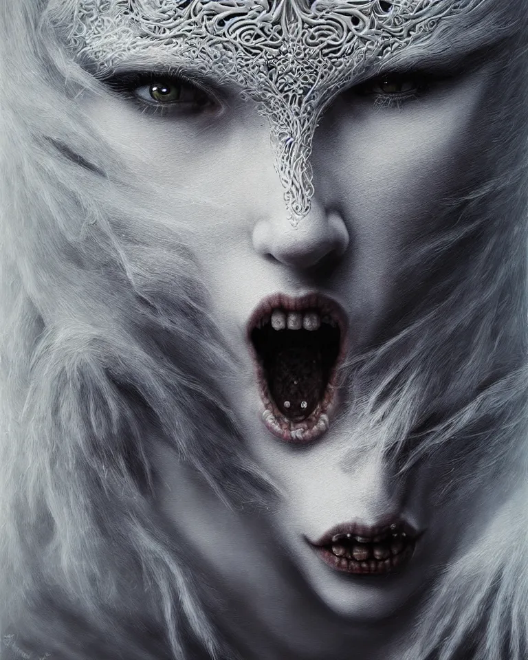 Image similar to ultra realist intricate detailed portrait of an attractive female turning into a white wolf, insanity, accurate features, apocalyptic, very intricate details, 8 k resolution, dim lighting, volumetric lighting, artstyle, zdzisław beksinski and keith thompson, award winning