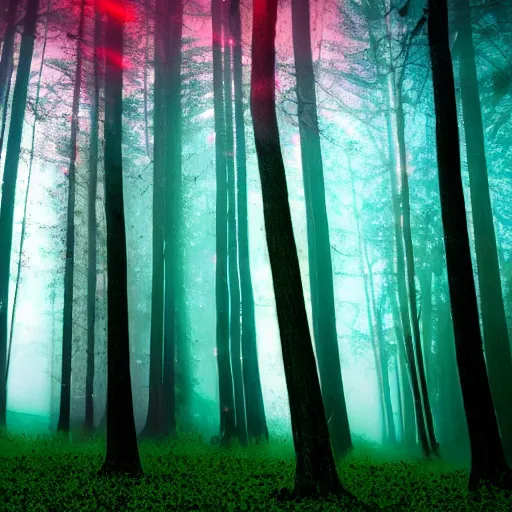 Image similar to old forest with glowing trees and glitter dust in cosmic color fog, tree bark made of rainbow glitter