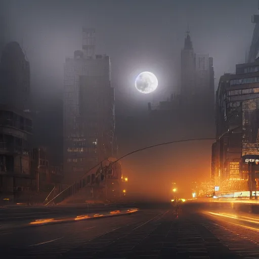 Prompt: a giant cat attacking a city, photorealistic, photograph, 4 k, foggy, abandoned, volumetric light, moonlight