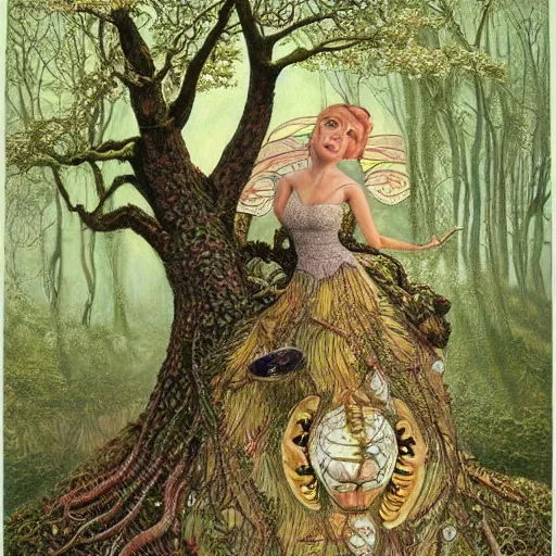 Prompt: a beautiful, detailed, intricate caricature painting of a big - nosed fairy with a dress full of pockets, in a tree, by james c. christensen