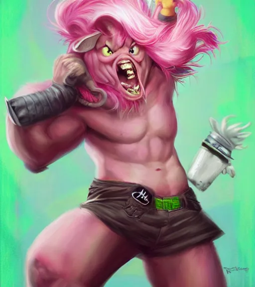 Image similar to portrait of'tomba!'with male with pink hair and green pants, attacking evil pig by ross tran, artgerm and wlop