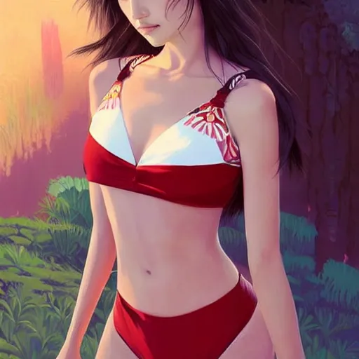 Image similar to a beautiful young japanese natalie portman alluring gravure model, stylized concept art, wearing elegant designer bomber jacket and one piece bikini, bomber jacket with mesoamerican patterns, mesoamerican native street fashion, princess mononoke, painted by ilya kuvshinov aesthetic, gorgeous, stunning, alluring, attractive, artstation, pinterest, digital art