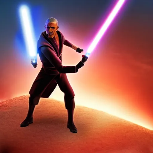 Prompt: obama as mace windu in star wars episode 3, 8 k resolution, cinematic lighting, anatomically correct