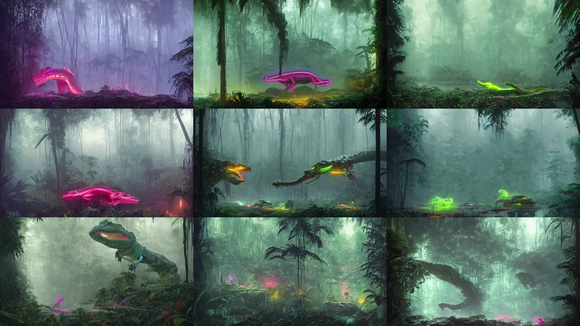 Prompt: neon glowing alligator in a foggy jungle by magali villeneuve and greg rutkowski