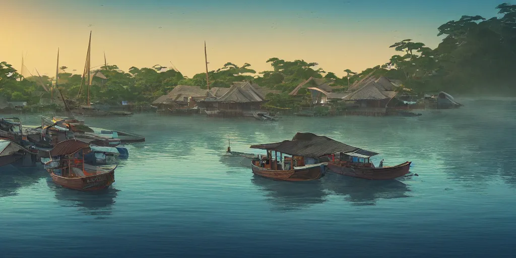 Image similar to pulau indah town, boat in foreground, early morning, detailed matte painting, low angle view, telephoto lens, bokeh, studio ghibli, artstation