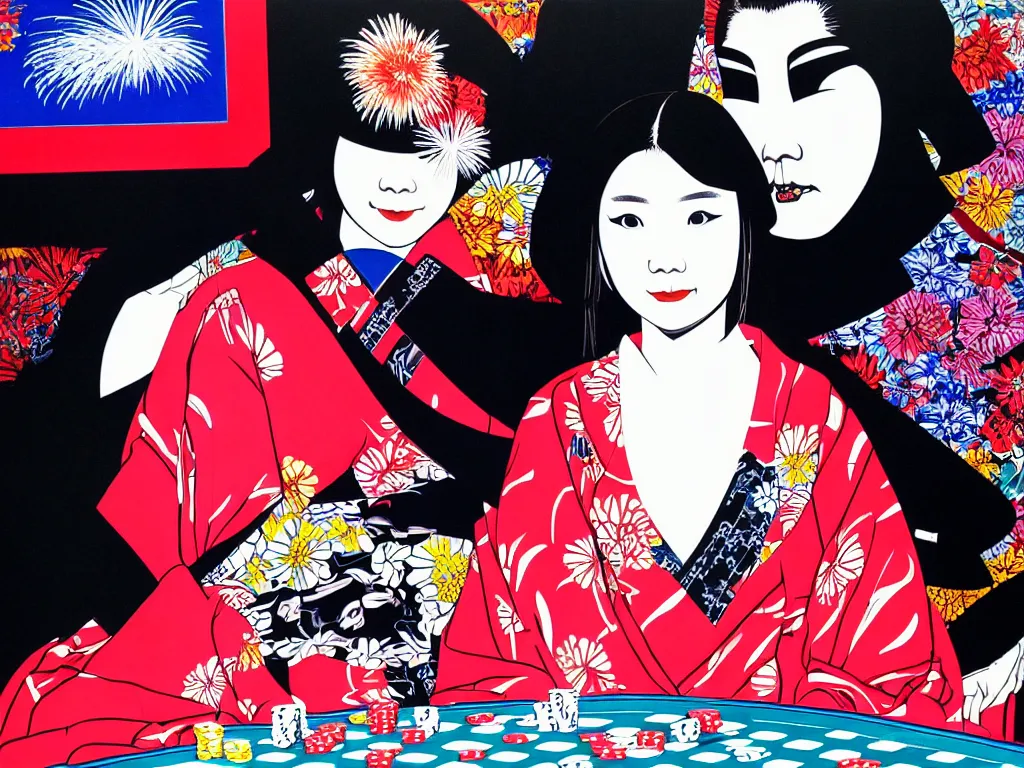 Image similar to hyperrealistic composition of the detailed woman in a japanese kimono sitting at a extremely detailed poker table with detailed darth vader, fireworks, mountain fuji on the background, pop - art style, jacky tsai style, andy warhol style, acrylic on canvas