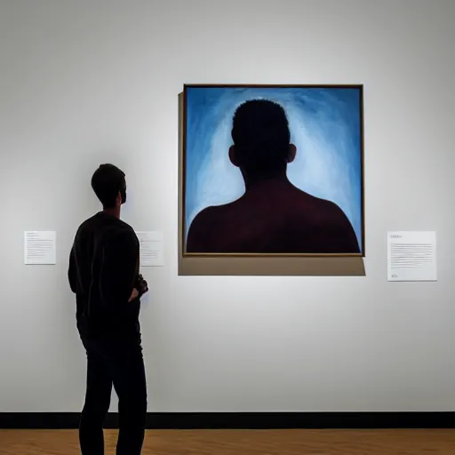 Image similar to A man staring at a painting of himself staring back. Modern art gallery. Wide angle. Photorealistic. Dramatic lighting. Award winning photography. 35mm photograph.