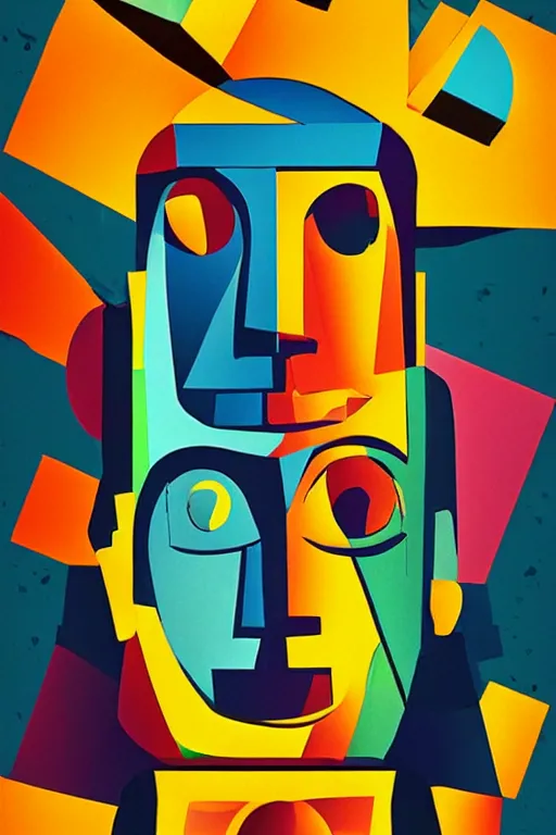 Image similar to cubist moai statue cutout digital illustration cartoon colorful beeple