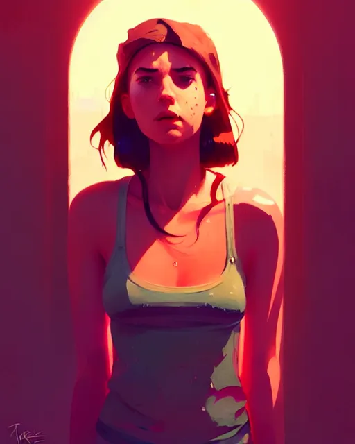 Image similar to neo - noir, hyper - realistic portrait of a girl in a tank top, intricate, 4 k, by atey ghailan, by greg rutkowski, by greg tocchini, by james gilleard, by joe fenton, by kaethe butcher, dynamic lighting, lighting color scheme, sharp focus, grunge aesthetic