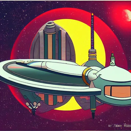 Image similar to futurama spaceship in a modern style of art deco painting