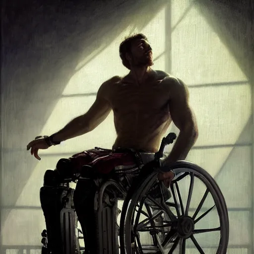 Image similar to handsome portrait of a wheelchair guy fitness posing, radiant light, caustics, heroic, smooth, one legged amputee,, by gaston bussiere, bayard wu, greg rutkowski, giger, maxim verehin