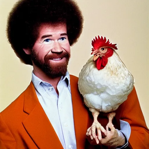 Prompt: bob ross holding a chicken, portrait,