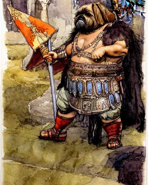 Image similar to a realistic and atmospheric watercolour fantasy character concept art portrait of a fat adorable chibi shih tzu roman centurion in a roman temple, by rebecca guay, michael kaluta, charles vess and jean moebius giraud