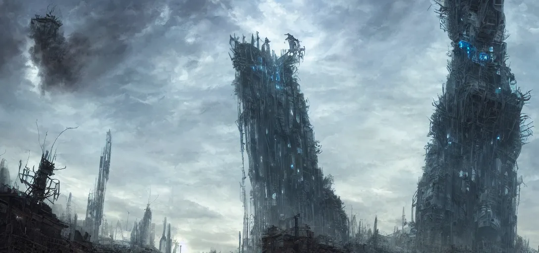 Prompt: WISP owner looking up at giant tower, getting ready to climb and replace radio. Post apocalypitic landscape, dystopia. james gurney, james jean, greg rutkowski, anato finnstark. hyper detailed, 35mm