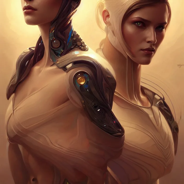 Image similar to futuristic woman portrait, sci-fi, amber eyes, face, long hair, fantasy, intricate, elegant, highly detailed, digital painting, artstation, concept art, smooth, sharp focus, illustration, art by artgerm and greg rutkowski and alphonse mucha