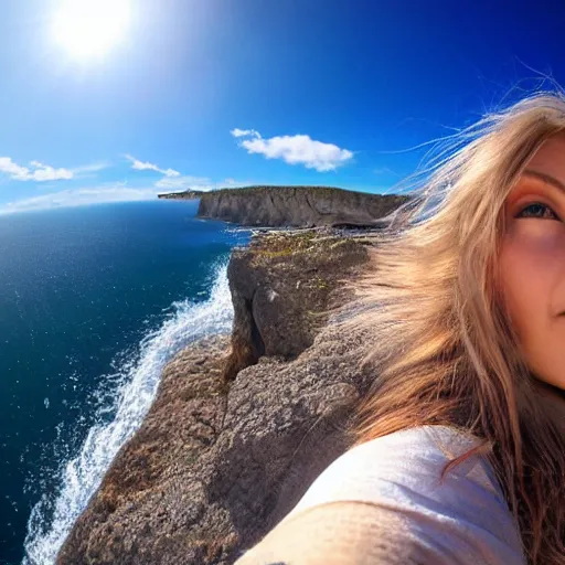 Image similar to Selfie!!!!! of a woman with gorgeous hair flowing in the wind, on a cliff!!!!!, first-person view, fisheye!!!!! lens!!!!!, photorealistic image, trending on artstation, 4k, 8k