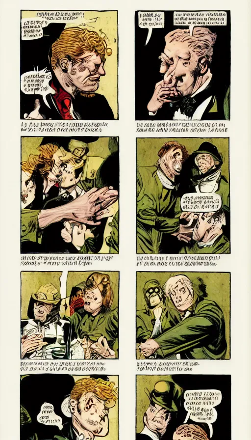 Image similar to 6 panel comic by brian bolland, john singer sargent, trad moore, darick robertson, turner