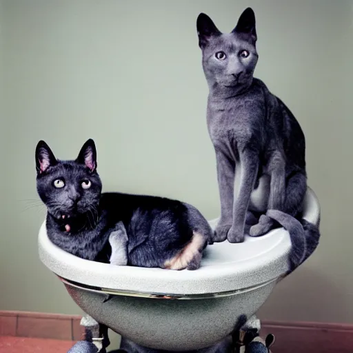 Image similar to Portra 400 a russian blue cat sitting on top of a german sheppherd in a space toilet