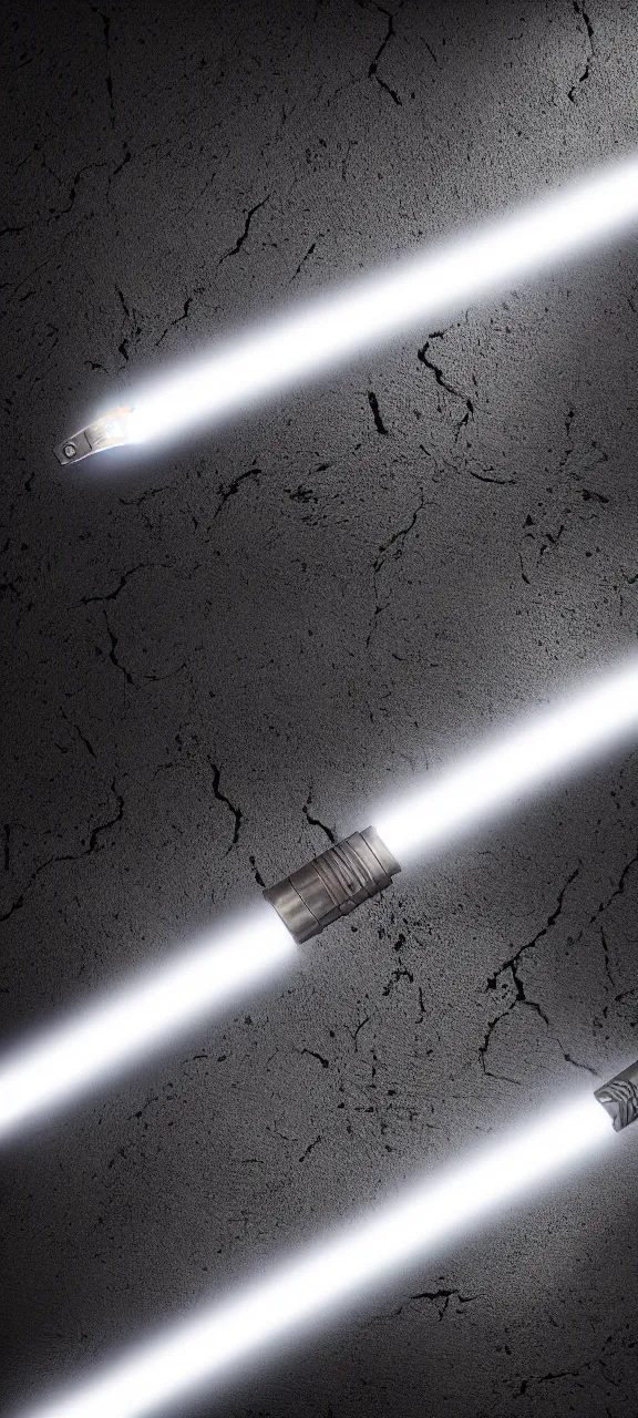 Image similar to ultra - detailed cinematic render, of a lightsaber, on a stone, lit up in a dark room, octane render, high quality, digital art, 8 k, jedi fallen order ligthsaber, volumetric lighting